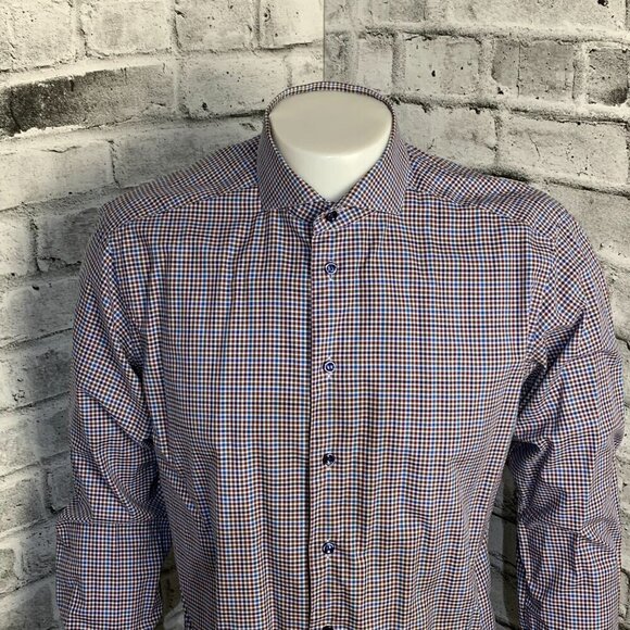 Eton Slim Gingham Check Print Dress Shirt - Picture 2 of 12